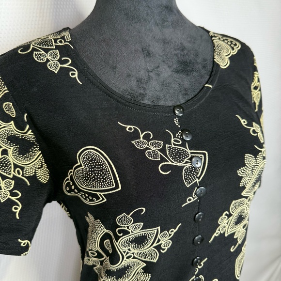 es•se Black Tunic Top Heart Pattern Button Front Small Knit VTG 90s Esse - Picture 4 of 14